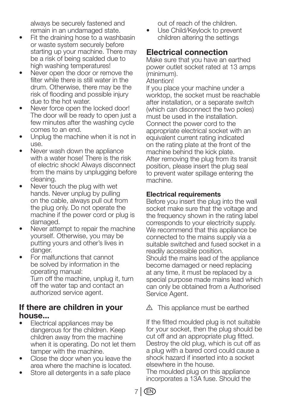 If there are children in your house, Electrical connection | Beko AUTOMATIC WASHING MACHINE WM 7335 W User Manual | Page 7 / 36