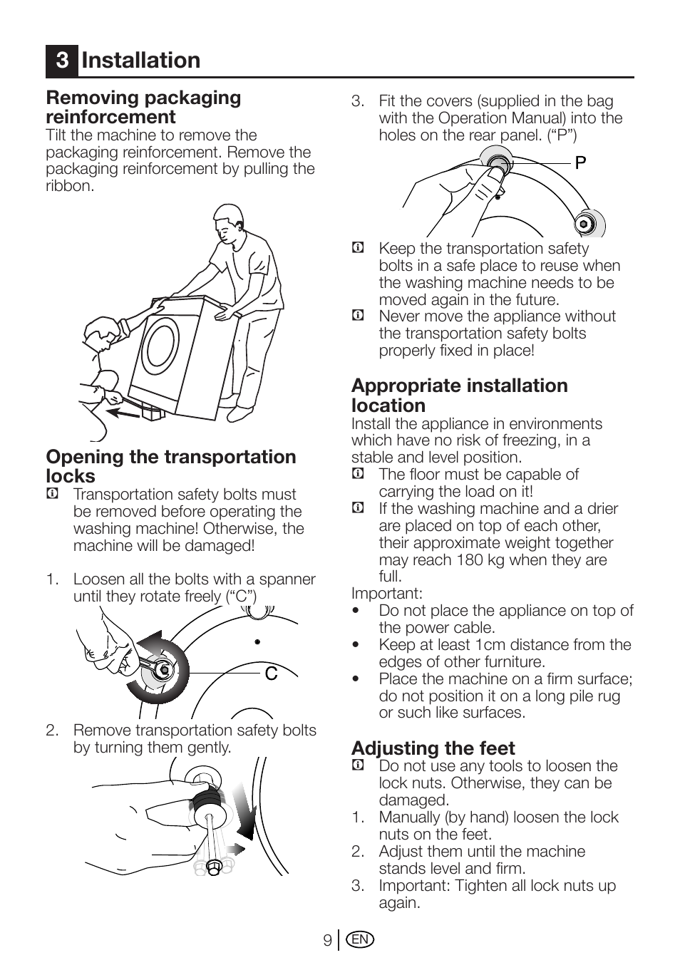 3installation, Removing packaging reinforcement, Opening the transportation locks | Appropriate installation location, Adjusting the feet | Beko AUTOMATIC WASHING MACHINE WM 7335 W User Manual | Page 9 / 36