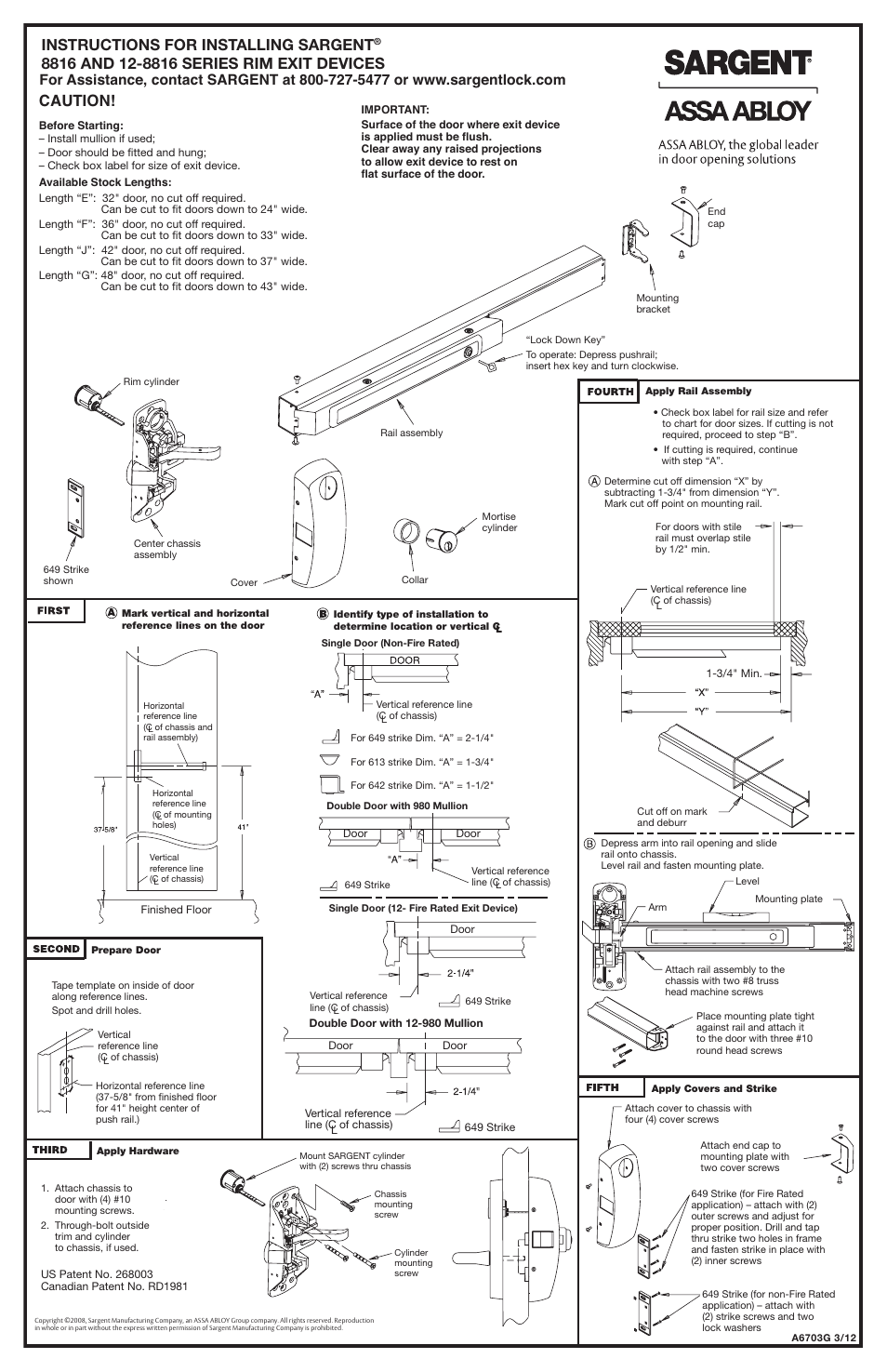 Caution, Instructions for installing sargent | SARGENT 8800 Rim Exit Device User Manual | Page 2 / 2