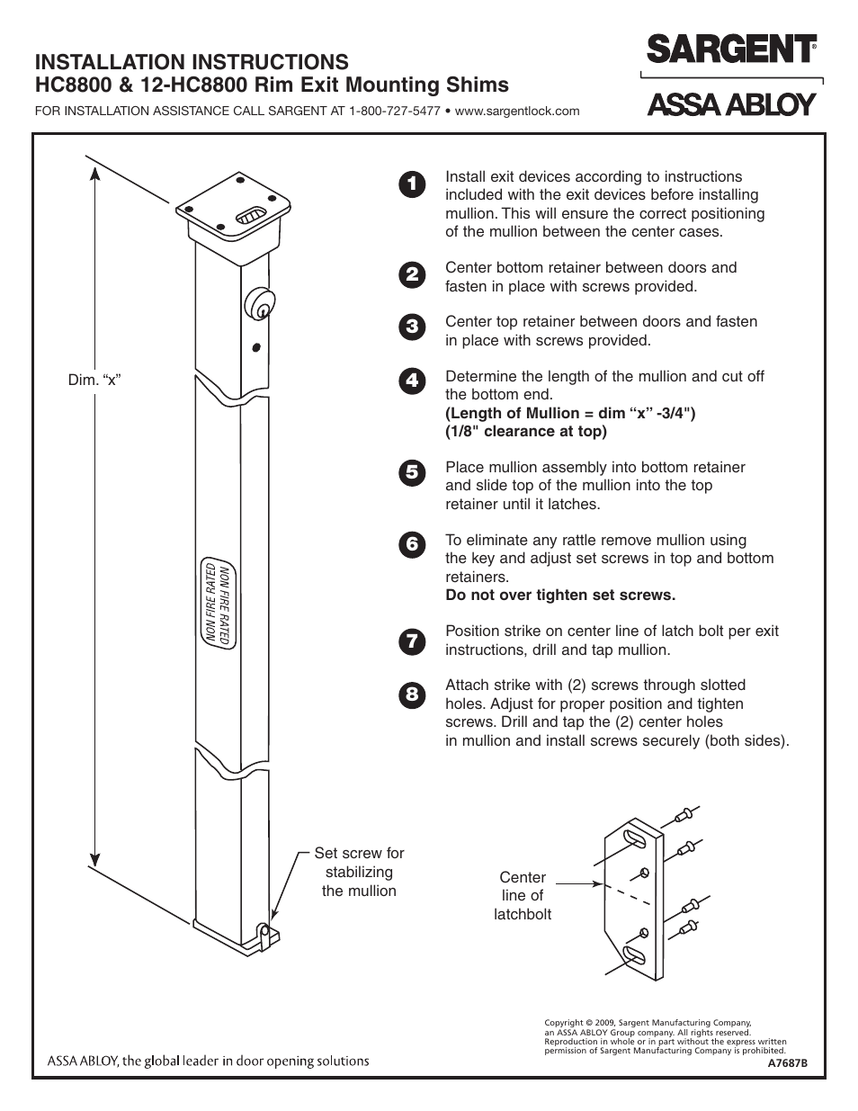 SARGENT 8888 Reversible Rim Exit Device User Manual | 2 pages