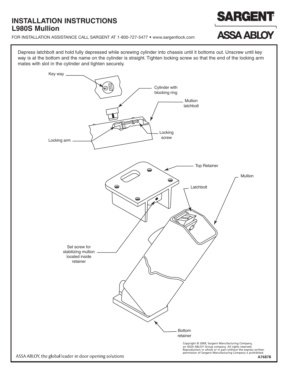 Installation instructions l980s mullion | SARGENT 8888 Reversible Rim Exit Device User Manual | Page 2 / 2
