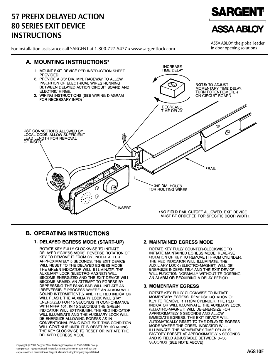 SARGENT 57 - Delayed Egress User Manual | 2 pages