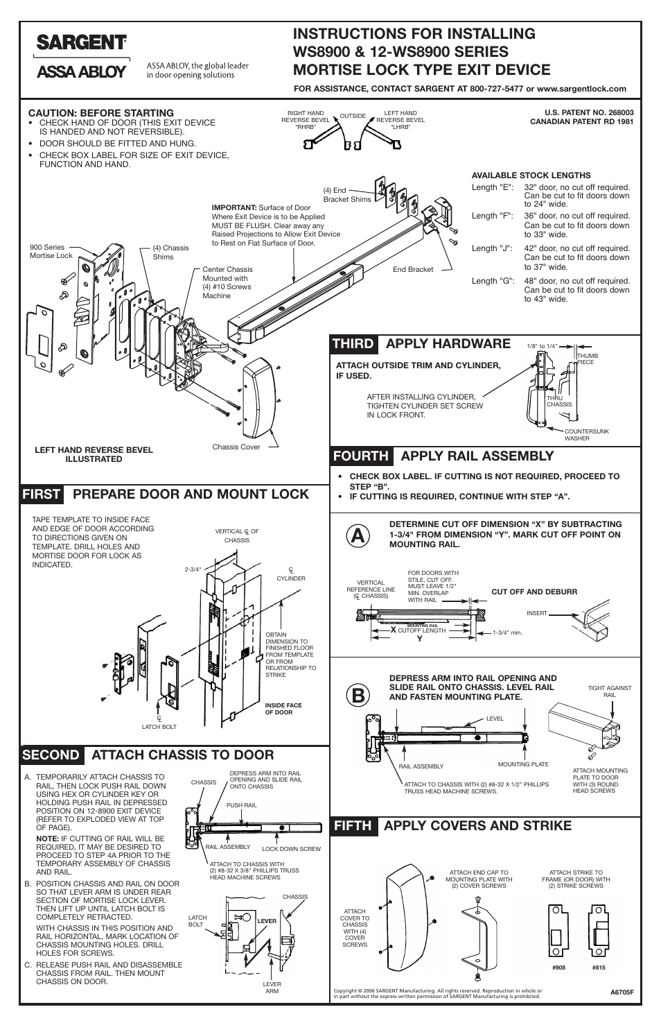 SARGENT WS8900 Mortise Lock User Manual | 2 pages