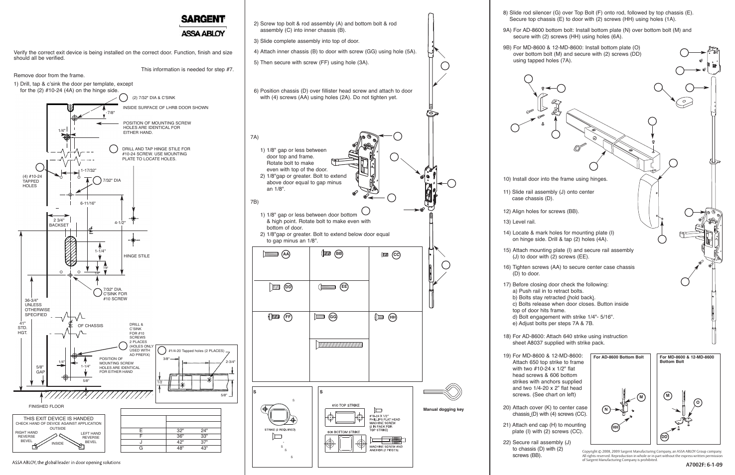 SARGENT NB-MD8600 Concealed Vertical Rod Exit Device for Metal Doors User Manual | 2 pages