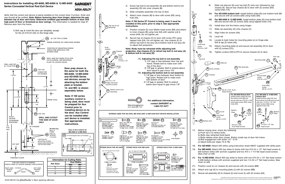 SARGENT NB-MD8400 Series Narrow Style Concealed Vertical Rod User Manual | 2 pages