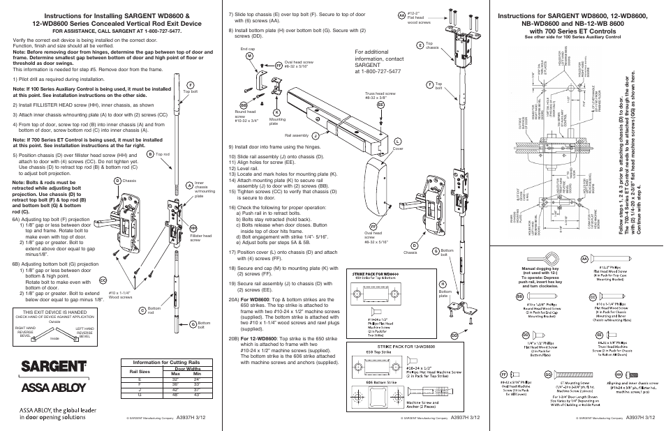 SARGENT NB-WD8600 Concealed Vertical Rod Exit Device for Wood Doors User Manual | 2 pages
