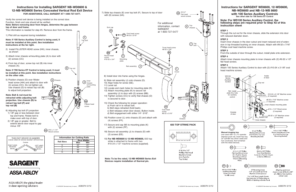 SARGENT NB-WD8600 Concealed Vertical Rod Exit Device for Wood Doors User Manual | Page 2 / 2