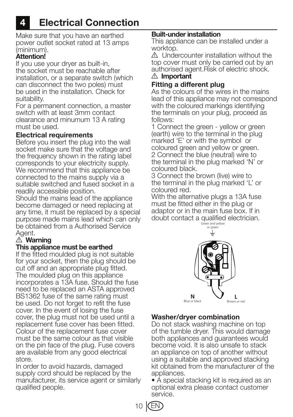 4 electrical connection | Beko DRVT 61 W User Manual | Page 10 / 24
