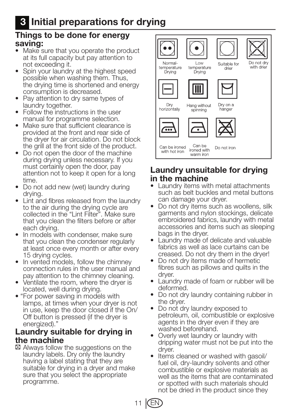 3initial preparations for drying | Beko DRVT 61 W User Manual | Page 11 / 24