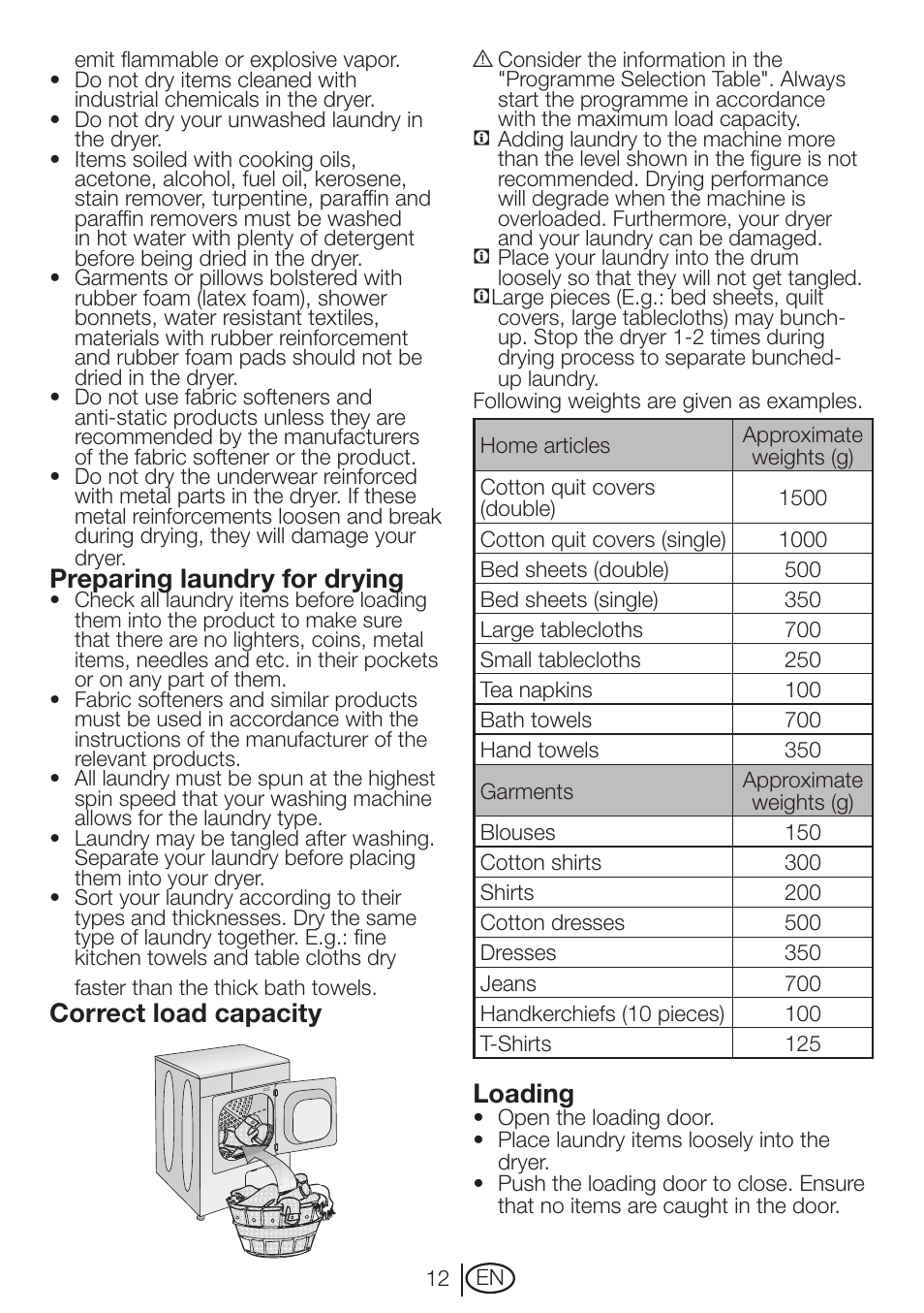 Preparing laundry for drying, Correct load capacity, Loading | Beko DRVT 61 W User Manual | Page 12 / 24