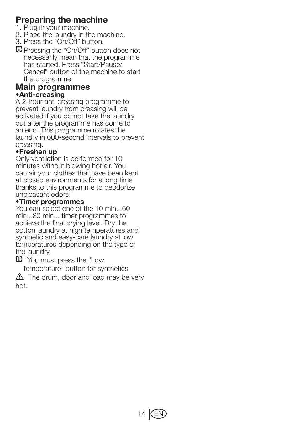 Preparing the machine, Main programmes | Beko DRVT 61 W User Manual | Page 14 / 24