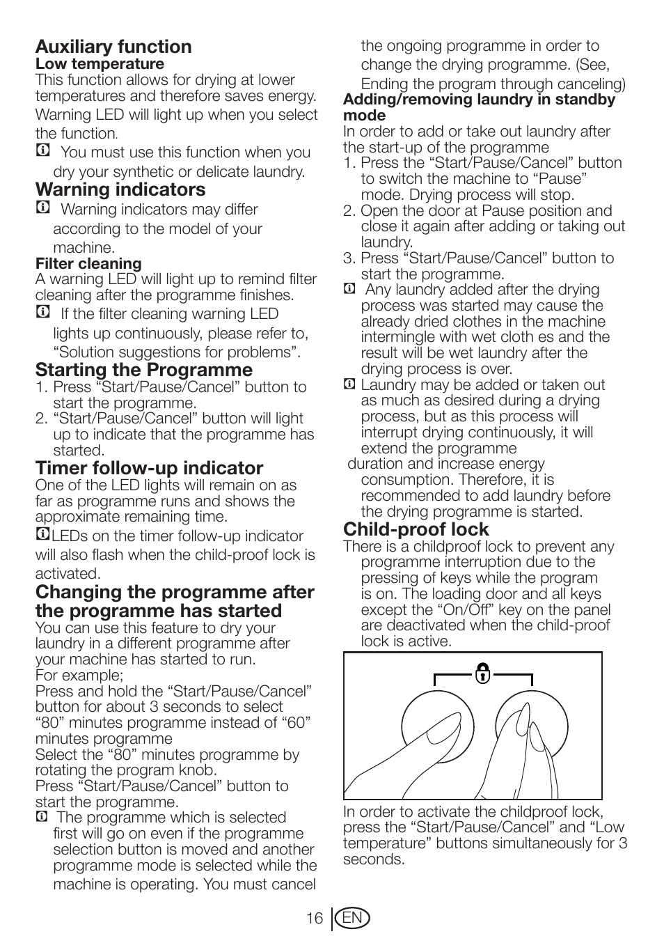 Auxiliary function, Warning indicators c, Starting the programme | Timer follow-up indicator, Child-proof lock | Beko DRVT 61 W User Manual | Page 16 / 24