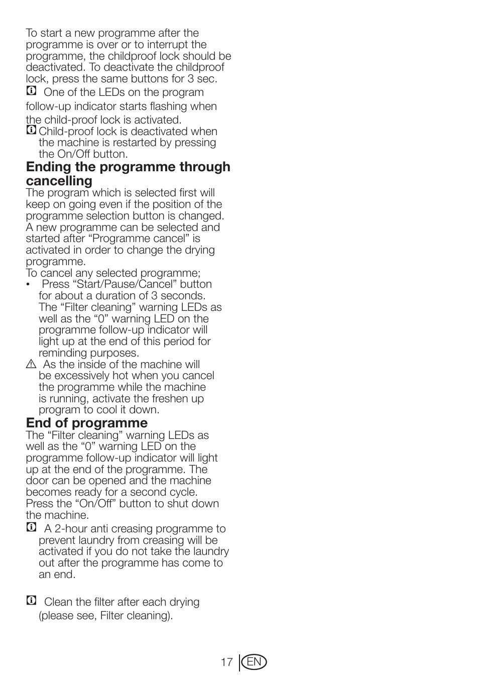 Ending the programme through cancelling, End of programme | Beko DRVT 61 W User Manual | Page 17 / 24