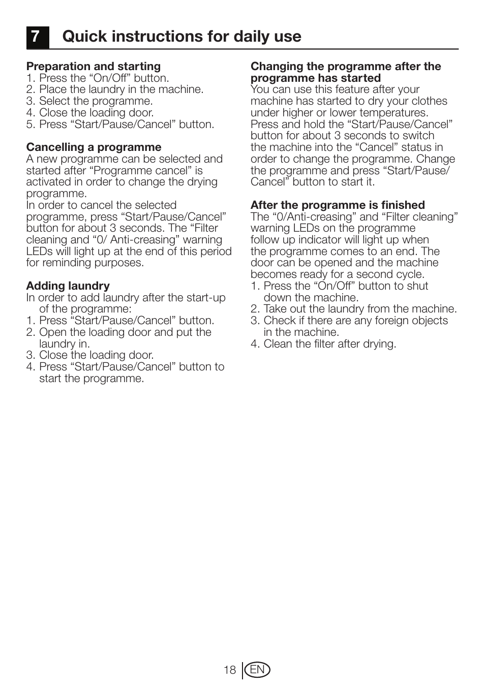 7quick instructions for daily use | Beko DRVT 61 W User Manual | Page 18 / 24