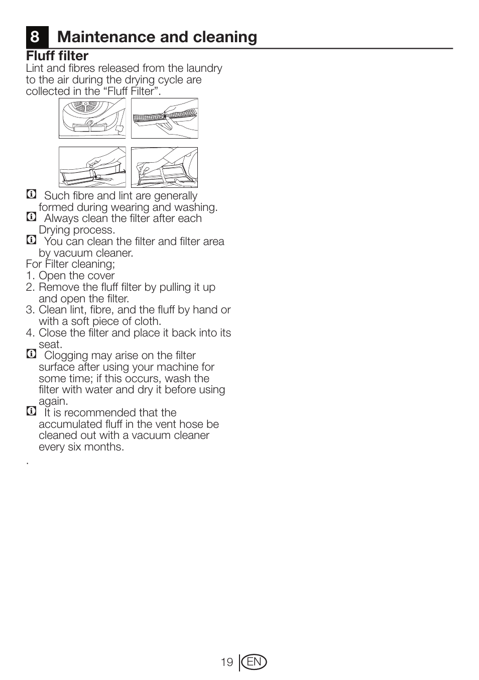 8maintenance and cleaning, Fluff filter | Beko DRVT 61 W User Manual | Page 19 / 24