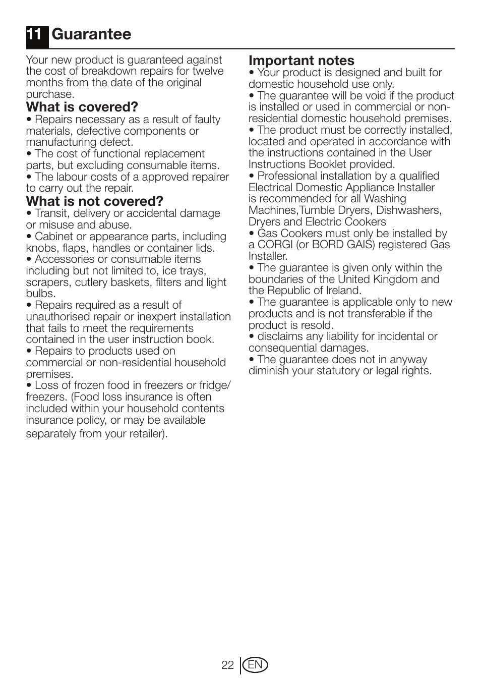 11 guarantee, What is covered, What is not covered | Beko DRVT 61 W User Manual | Page 22 / 24