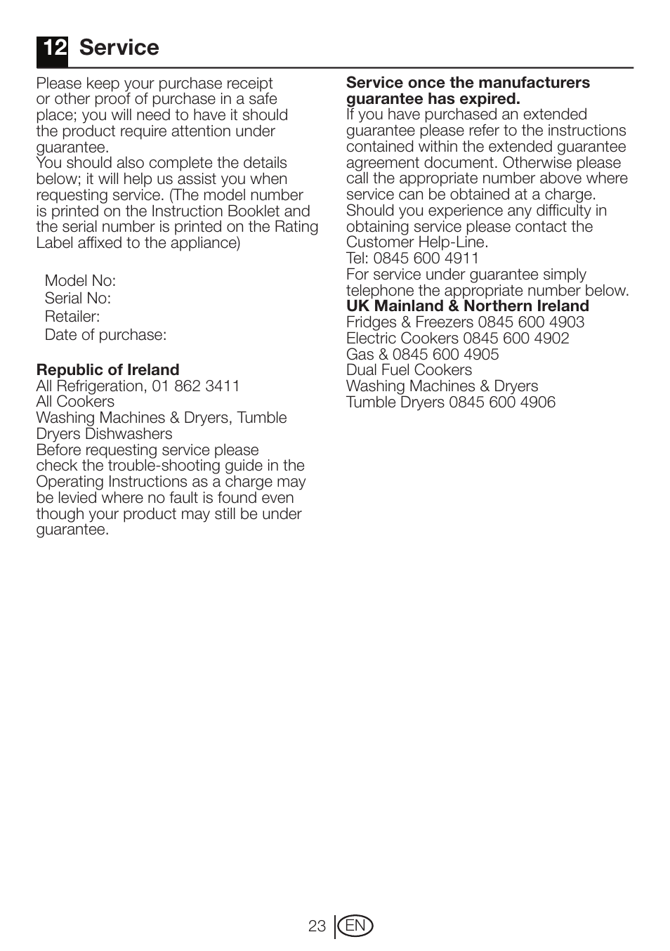 12 service | Beko DRVT 61 W User Manual | Page 23 / 24