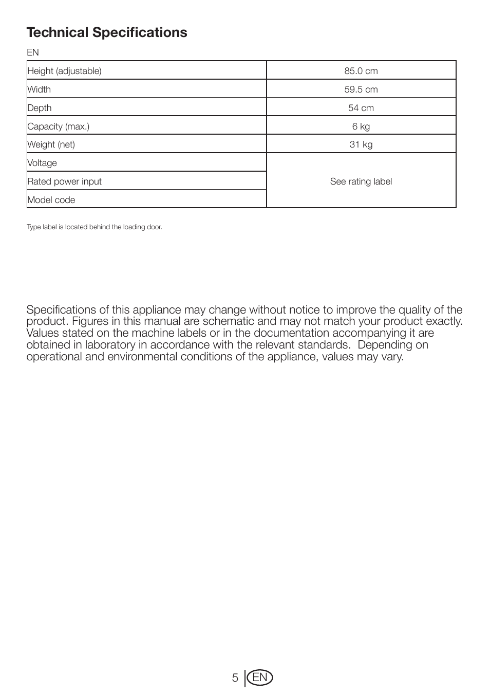 Technical specifications | Beko DRVT 61 W User Manual | Page 5 / 24