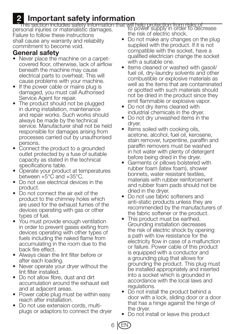2important safety information, General safety | Beko DRVT 61 W User Manual | Page 6 / 24