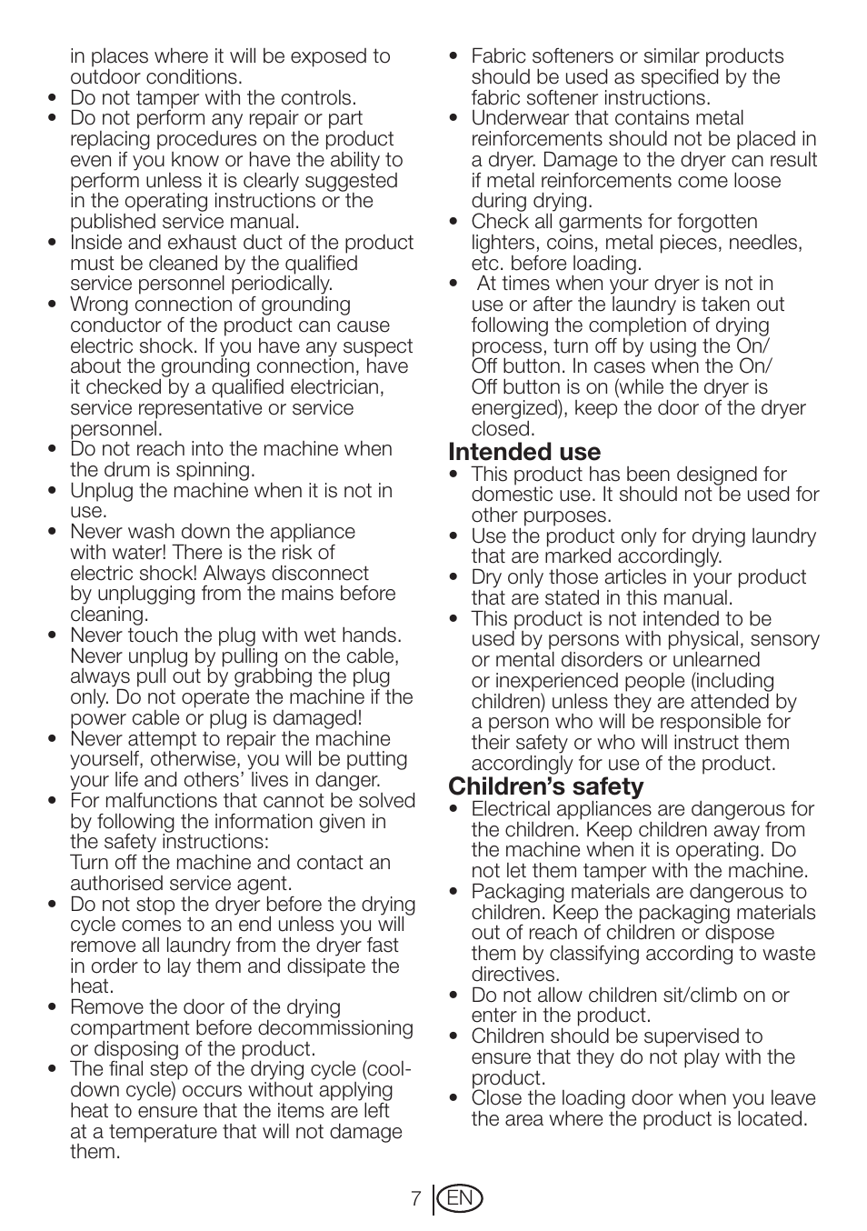 Intended use, Children’s safety | Beko DRVT 61 W User Manual | Page 7 / 24
