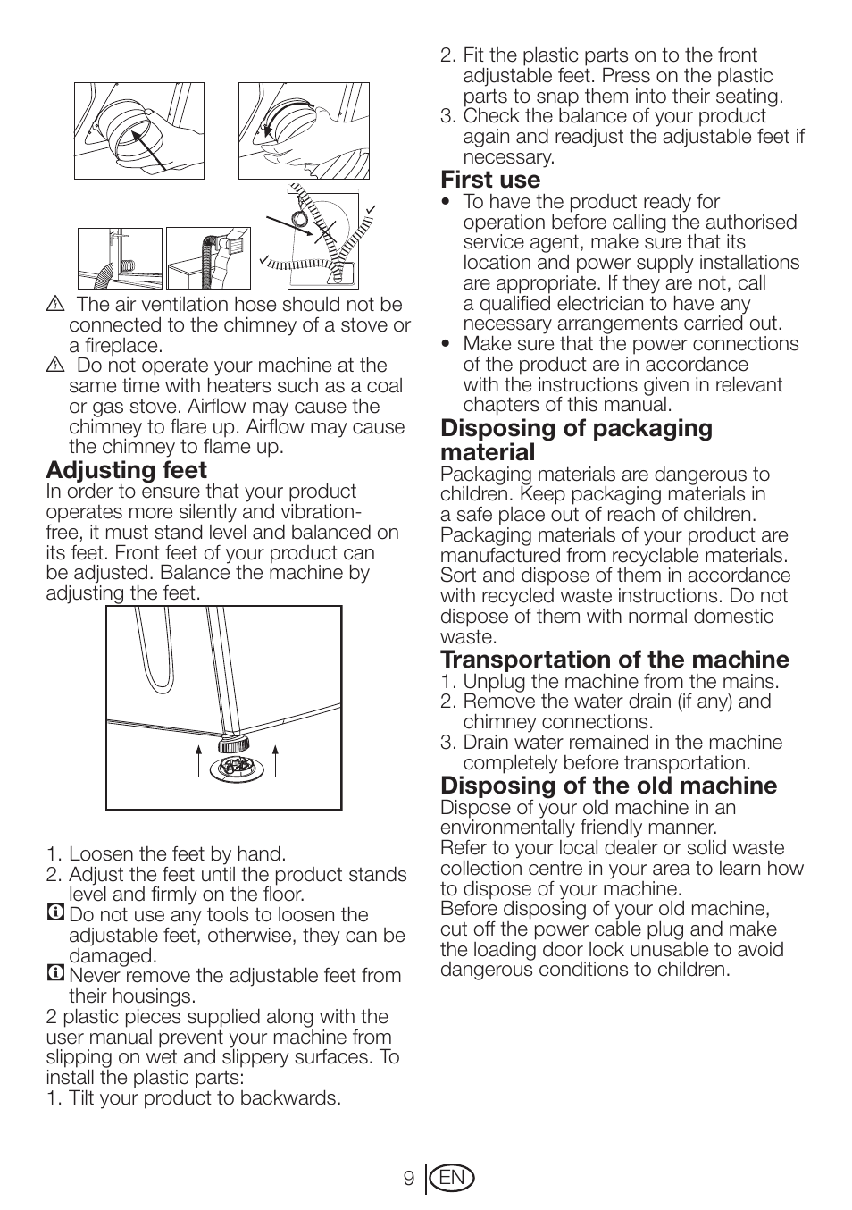 Adjusting feet, First use, Disposing of packaging material | Transportation of the machine, Disposing of the old machine | Beko DRVT 61 W User Manual | Page 9 / 24