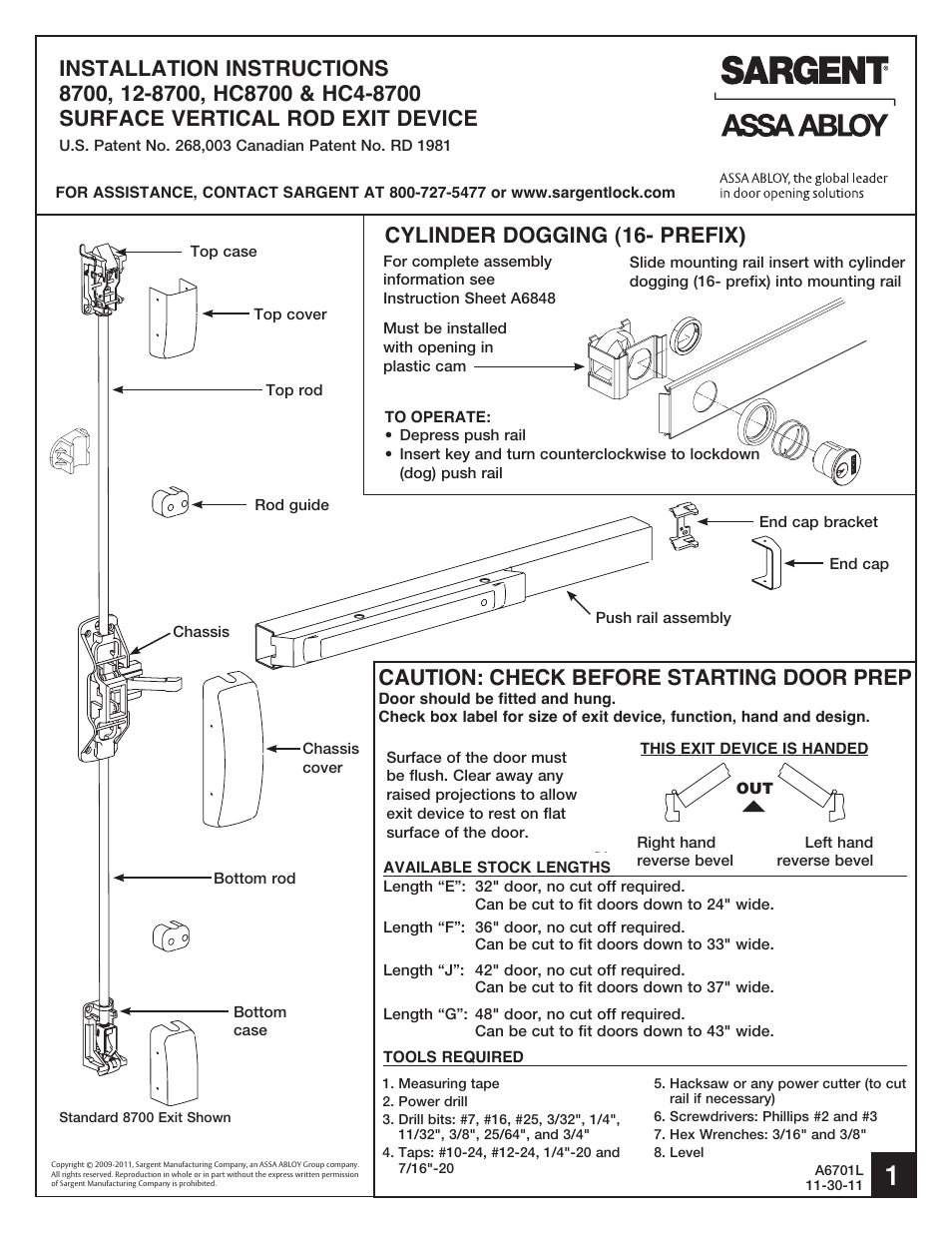 SARGENT HC8700 Hurricane Code Surface Vertical Rod Exit Device User Manual | 7 pages