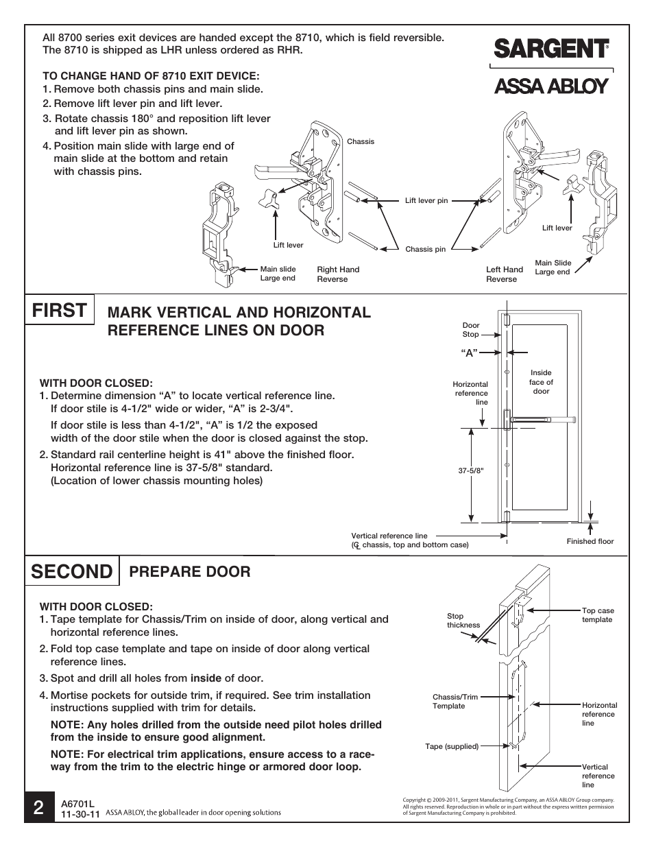First, Second, Prepare door | SARGENT HC8700 Hurricane Code Surface Vertical Rod Exit Device User Manual | Page 2 / 7