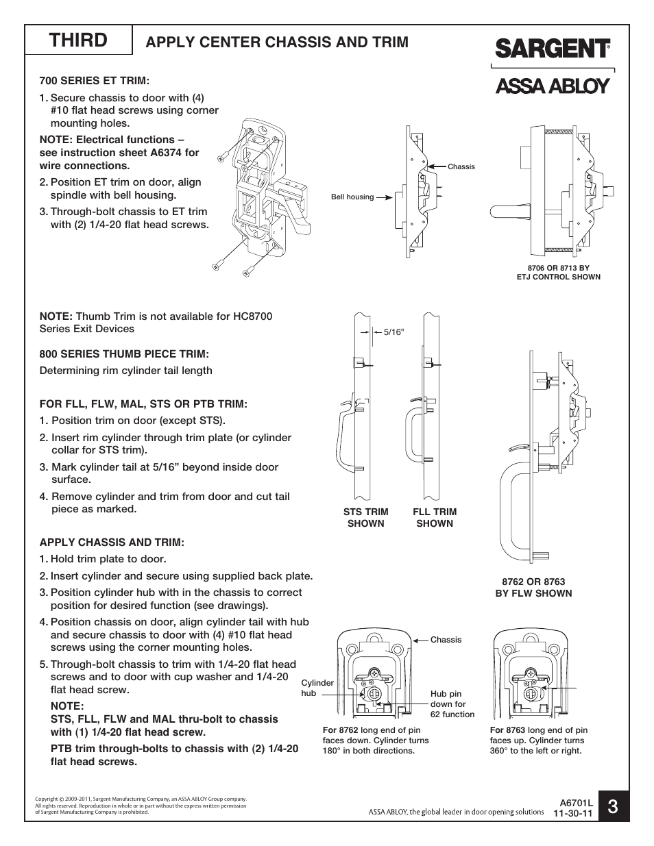 Third, Apply center chassis and trim | SARGENT HC8700 Hurricane Code Surface Vertical Rod Exit Device User Manual | Page 3 / 7