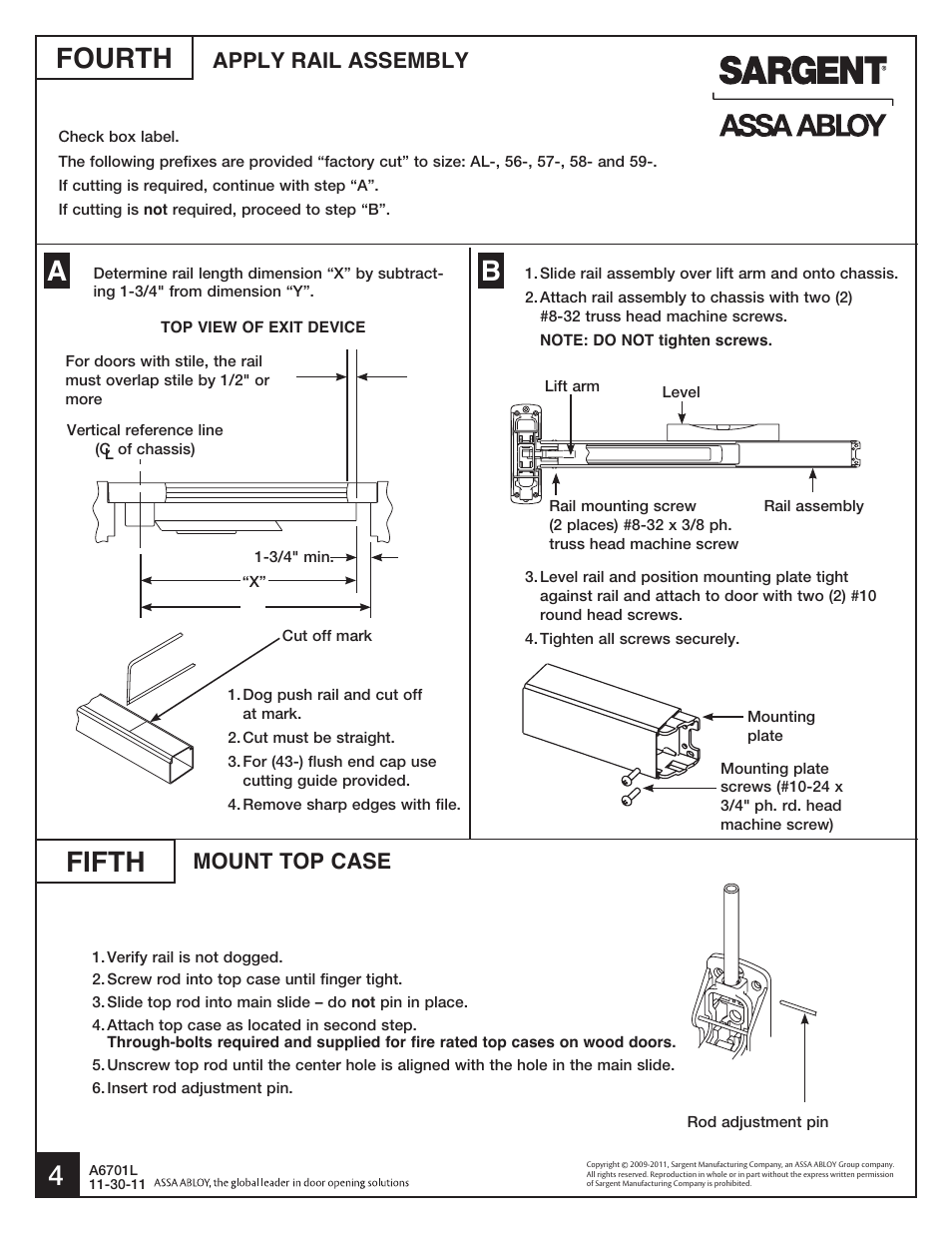 Fifth 4 fourth, Apply rail assembly, Mount top case | SARGENT HC8700 Hurricane Code Surface Vertical Rod Exit Device User Manual | Page 4 / 7