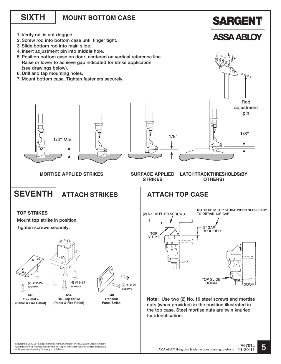 Sixth 5, Seventh, Mount bottom case attach strikes attach top case | SARGENT HC8700 Hurricane Code Surface Vertical Rod Exit Device User Manual | Page 5 / 7