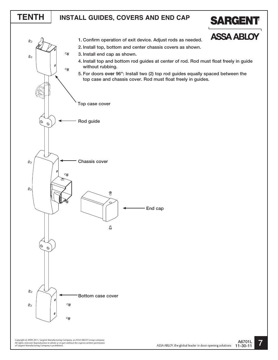 7tenth, Install guides, covers and end cap | SARGENT HC8700 Hurricane Code Surface Vertical Rod Exit Device User Manual | Page 7 / 7