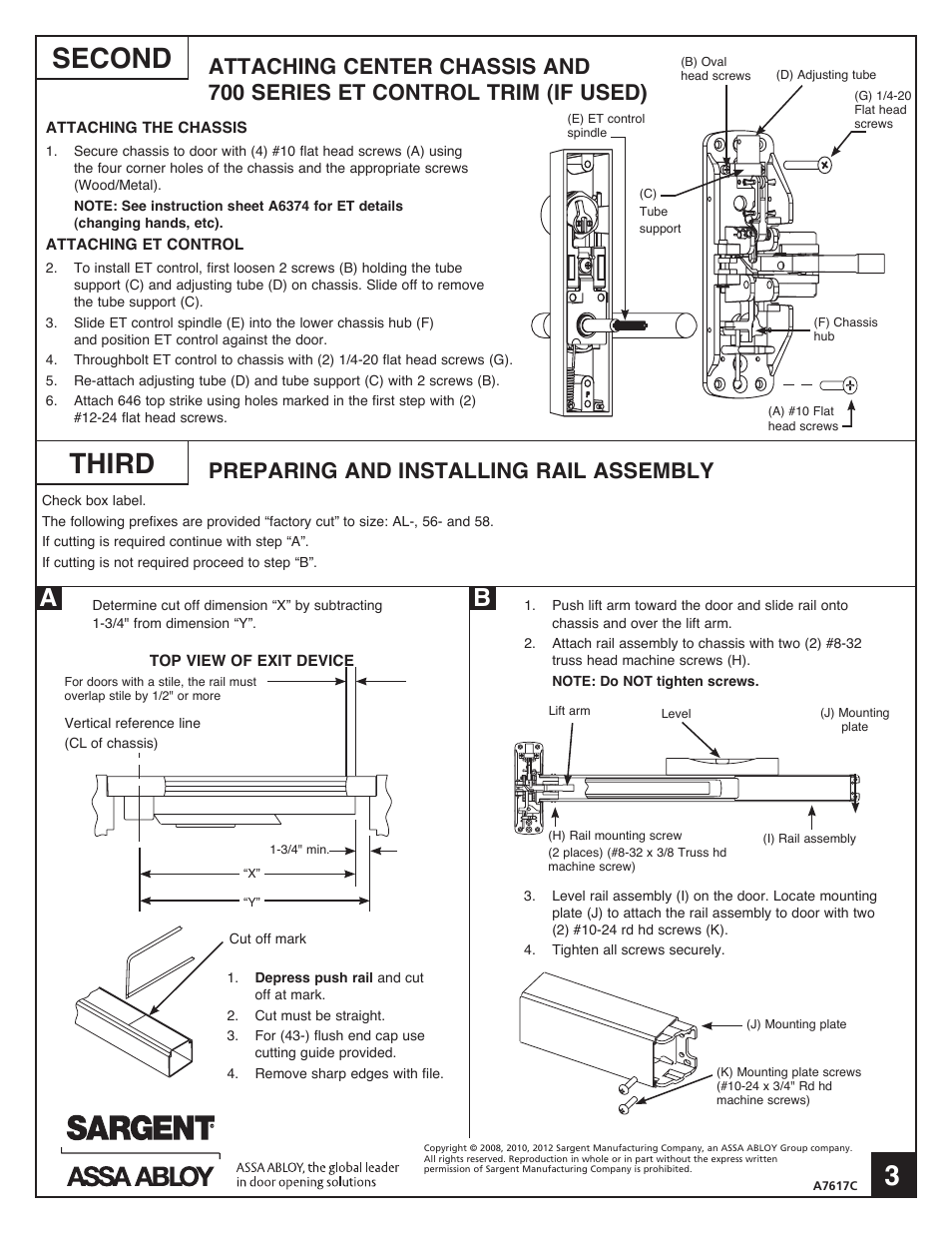 Second, Third, Preparing and installing rail assembly | SARGENT NB8700 Top Latch Surface Vertical Rod User Manual | Page 3 / 4