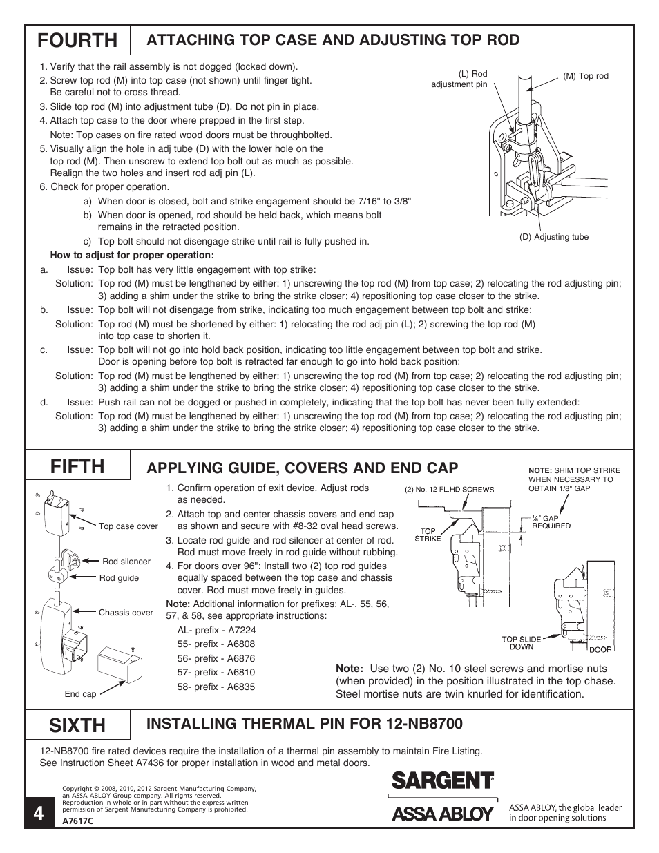 Fourth, Sixth, Fifth | Attaching top case and adjusting top rod, Applying guide, covers and end cap | SARGENT NB8700 Top Latch Surface Vertical Rod User Manual | Page 4 / 4