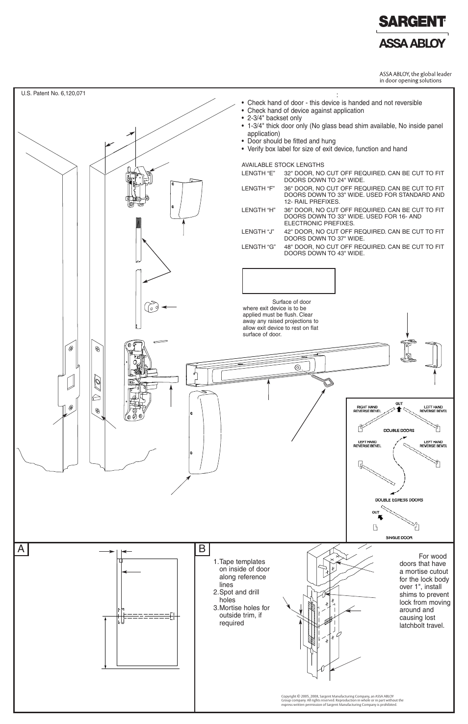 SARGENT PR8700 Center & Top Latch Surface Vertical Rods for Pair of Doors User Manual | 2 pages