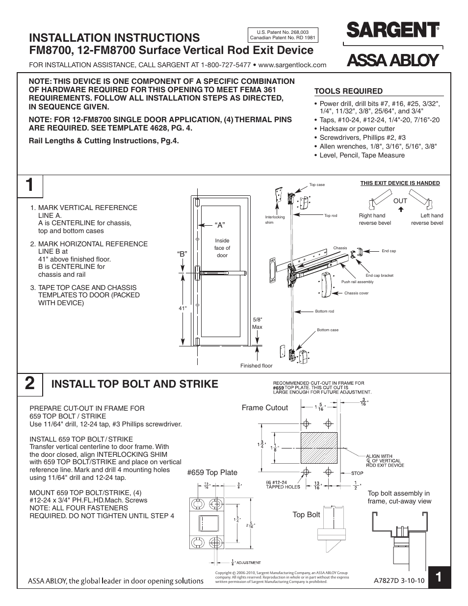 SARGENT FM8700 Surface Vertical Rod Exit Device User Manual | 6 pages