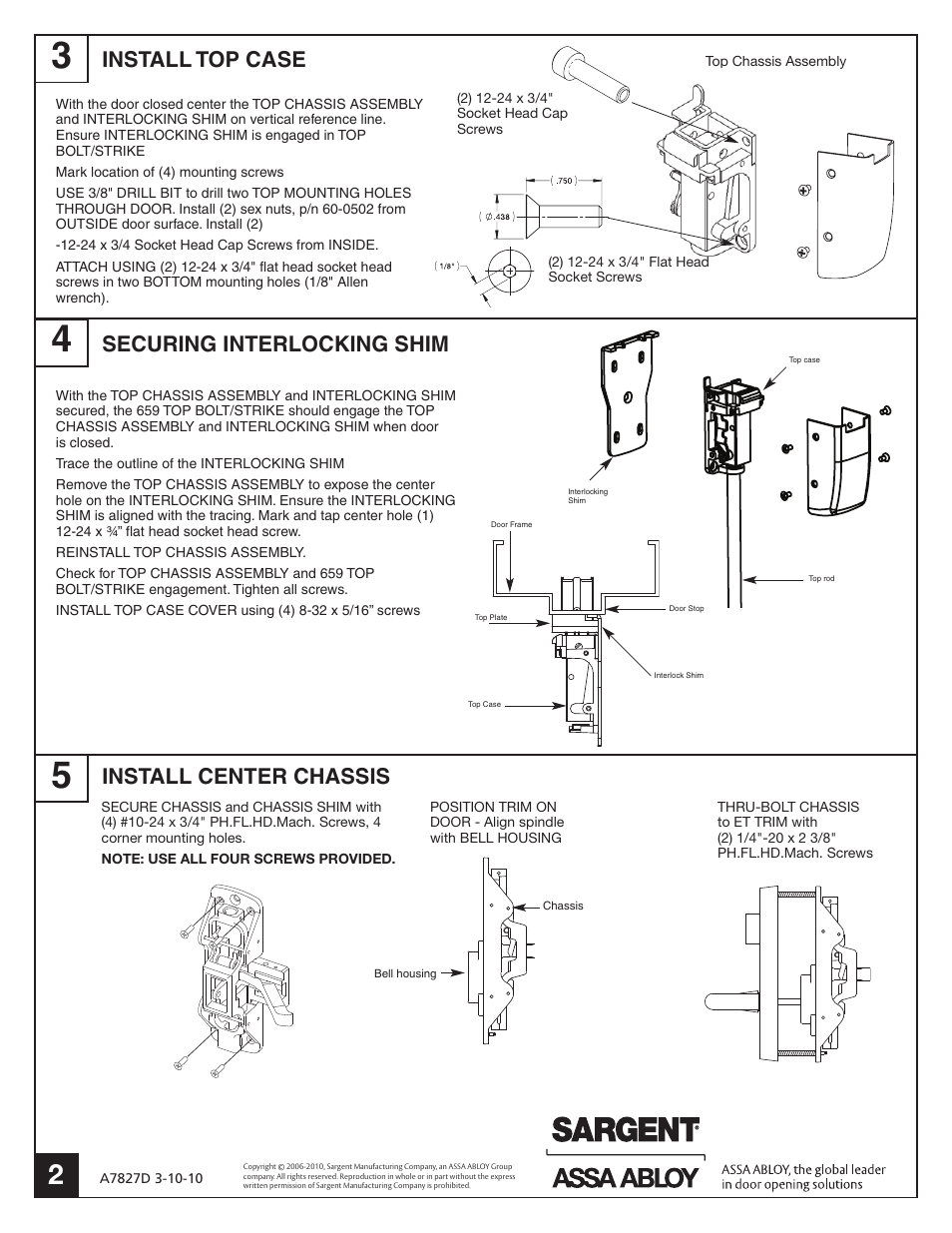 Install top case, Securing interlocking shim, Install center chassis | SARGENT FM8700 Surface Vertical Rod Exit Device User Manual | Page 2 / 6