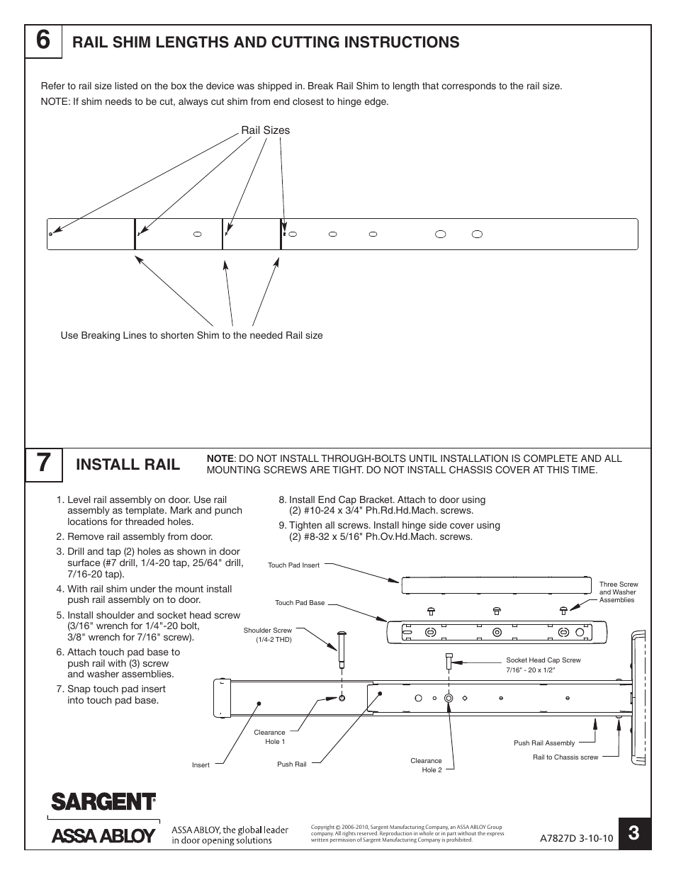 Install rail, Rail shim lengths and cutting instructions | SARGENT FM8700 Surface Vertical Rod Exit Device User Manual | Page 3 / 6