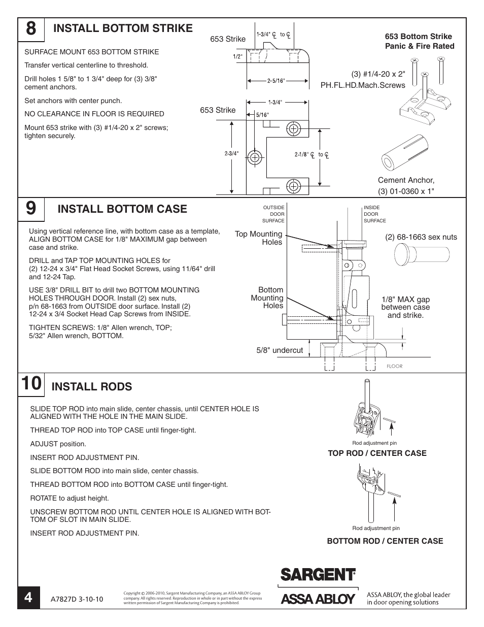 Install bottom strike, Install bottom case, Install rods | SARGENT FM8700 Surface Vertical Rod Exit Device User Manual | Page 4 / 6