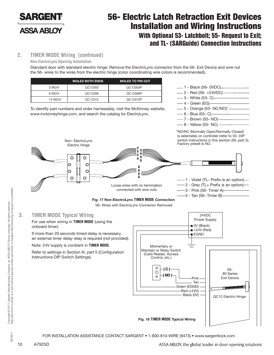 Timer mode typical wiring, Timer mode wiring (continued) | SARGENT 56 - Latch Retraction User Manual | Page 10 / 12