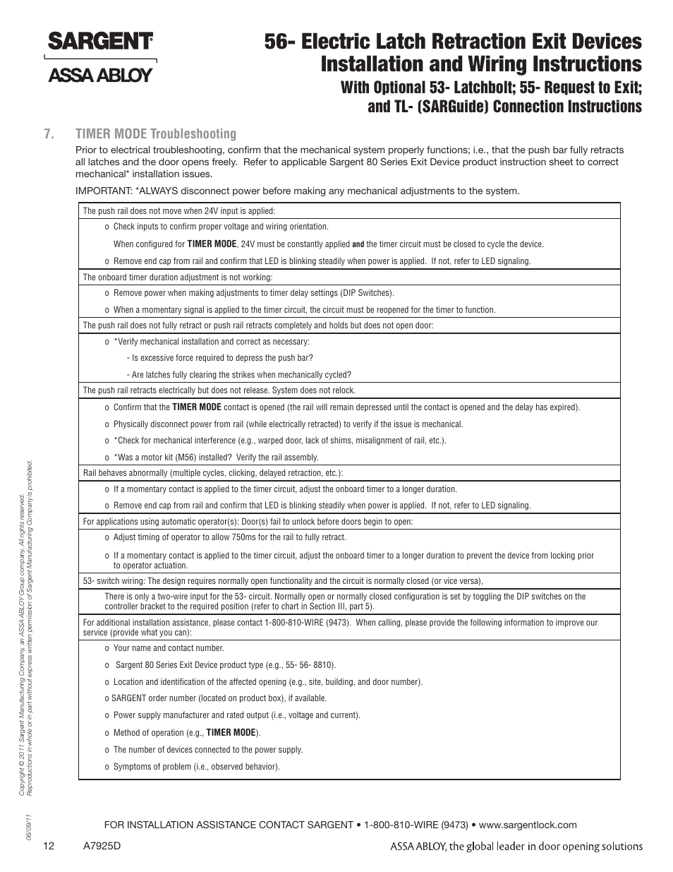 Timer mode troubleshooting | SARGENT 56 - Latch Retraction User Manual | Page 12 / 12