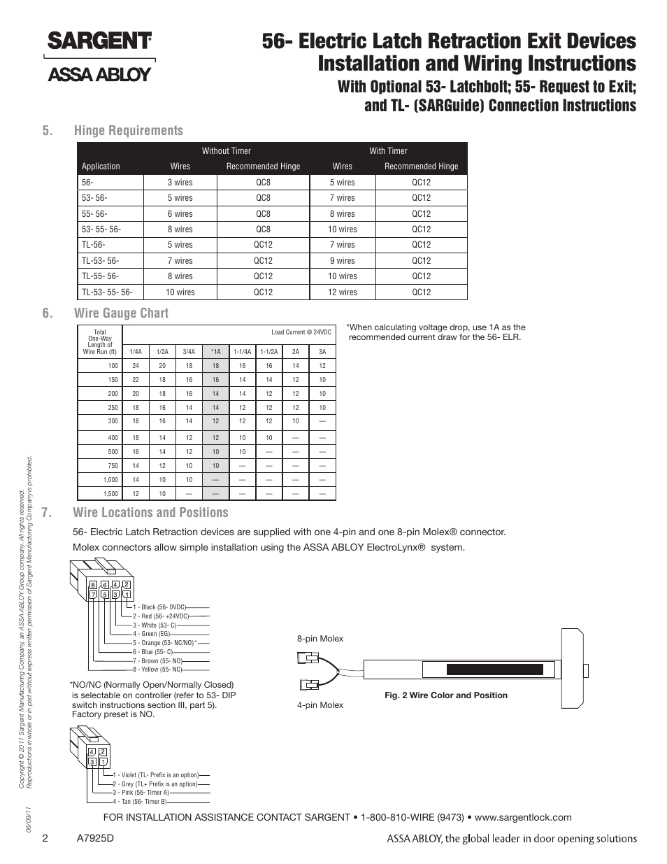 Wire locations and positions, Hinge requirements, Wire gauge chart | SARGENT 56 - Latch Retraction User Manual | Page 2 / 12