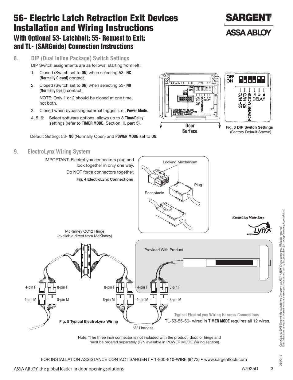 Electrolynx wiring system, Dip (dual inline package) switch settings, Door surface | SARGENT 56 - Latch Retraction User Manual | Page 3 / 12