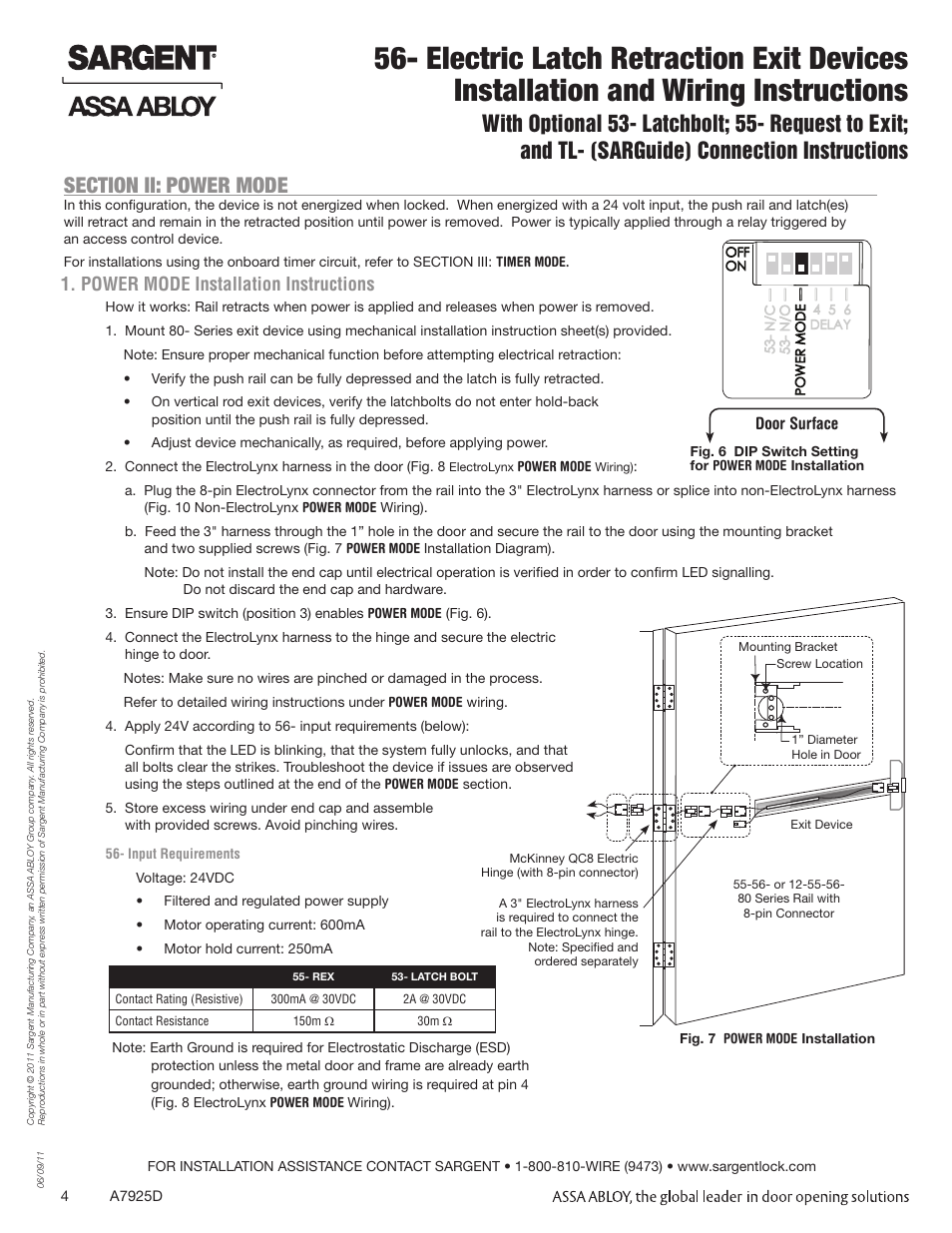 Power mode installation instructions | SARGENT 56 - Latch Retraction User Manual | Page 4 / 12