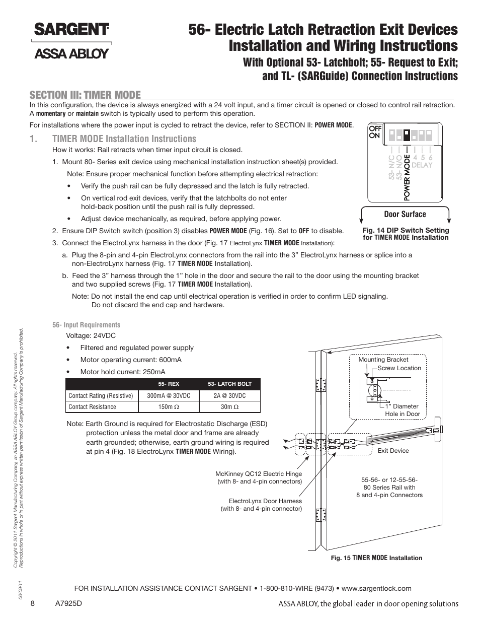 Timer mode installation instructions | SARGENT 56 - Latch Retraction User Manual | Page 8 / 12