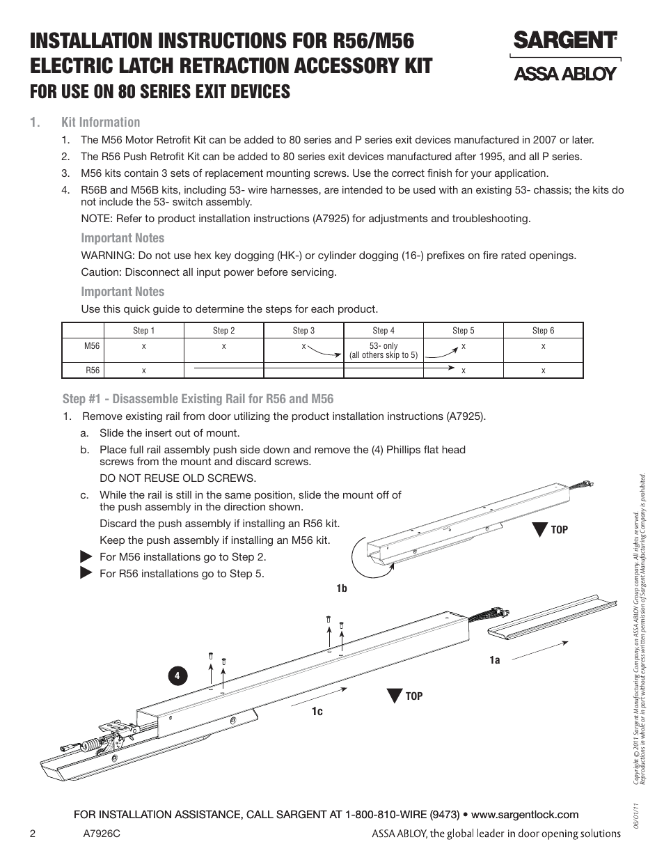 For use on 80 series exit devices, Kit information | SARGENT 56 - Latch Retraction User Manual | Page 2 / 6