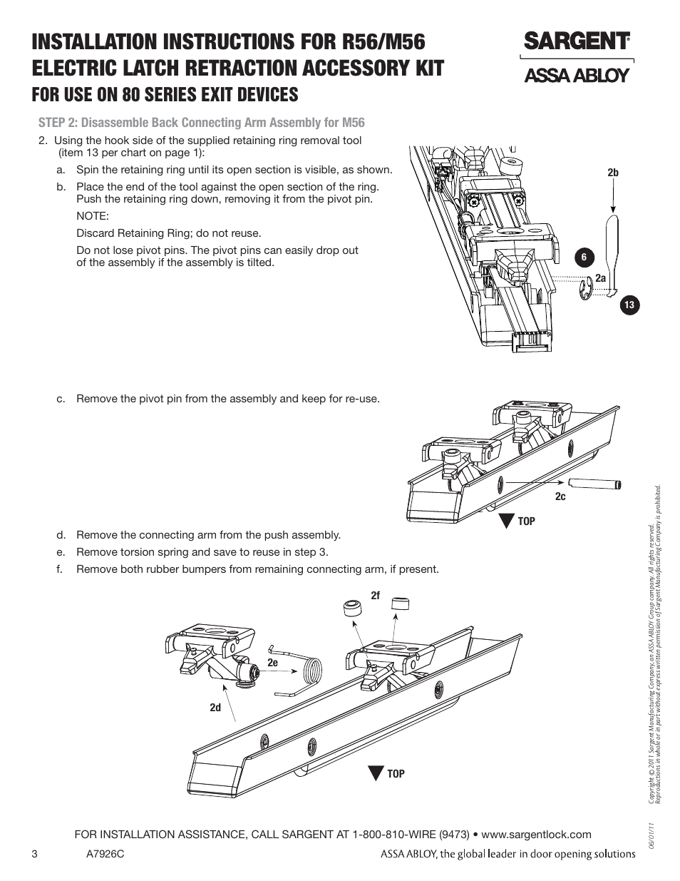 For use on 80 series exit devices | SARGENT 56 - Latch Retraction User Manual | Page 3 / 6