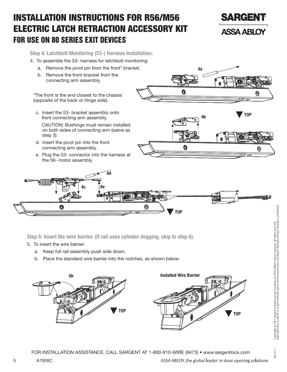 For use on 80 series exit devices | SARGENT 56 - Latch Retraction User Manual | Page 5 / 6