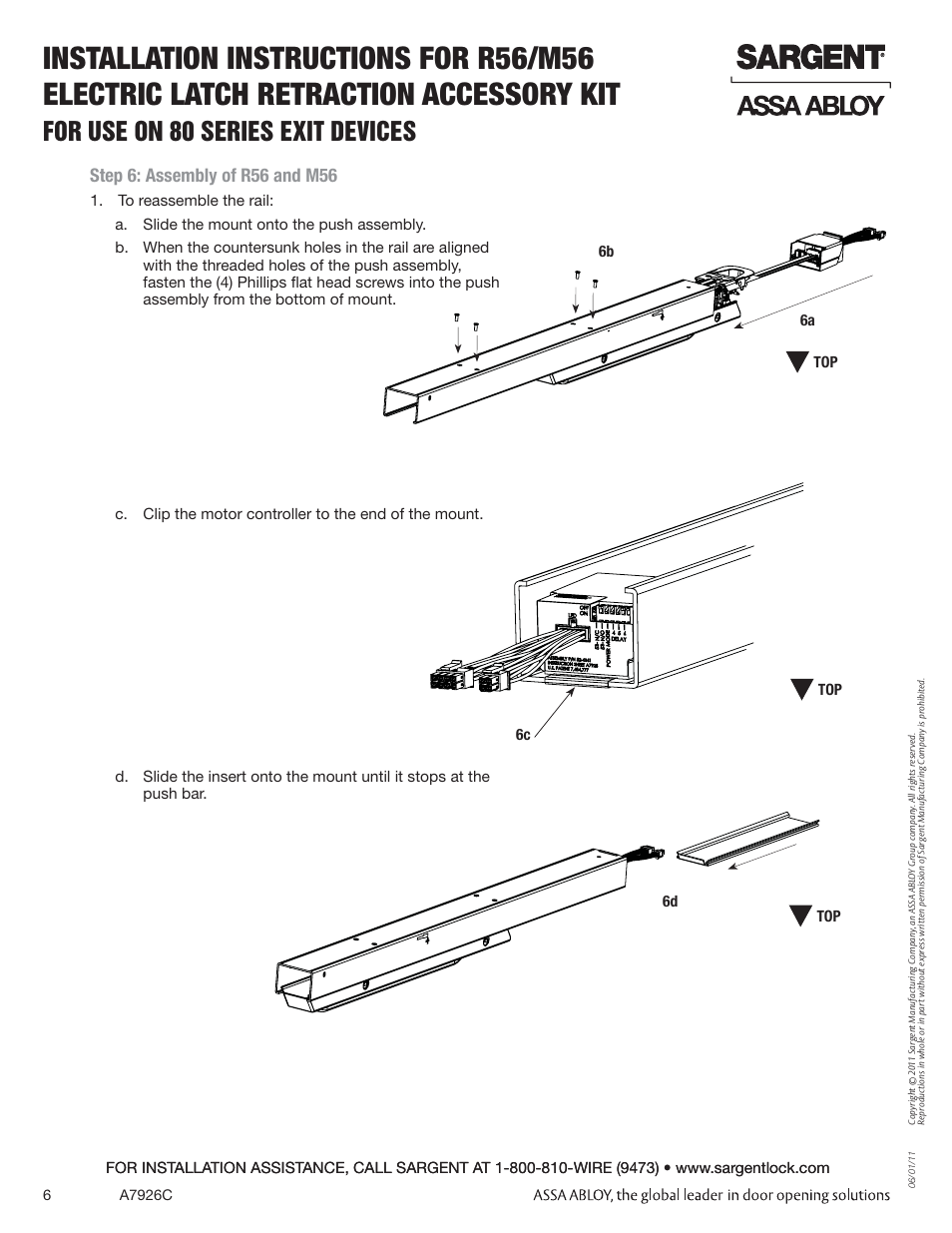 For use on 80 series exit devices | SARGENT 56 - Latch Retraction User Manual | Page 6 / 6