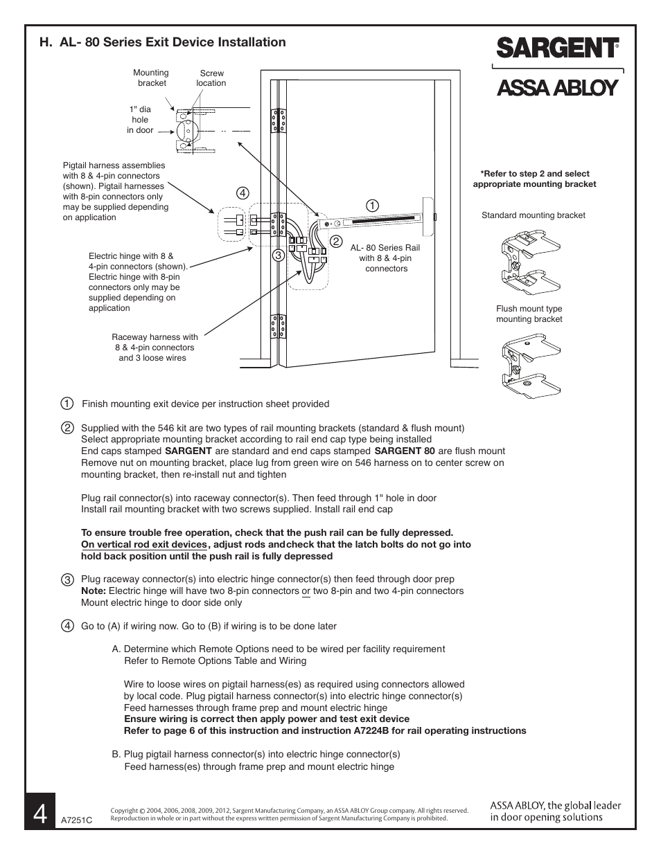 H. al- 80 series exit device installation | SARGENT AL - Alarmed Exit User Manual | Page 4 / 6