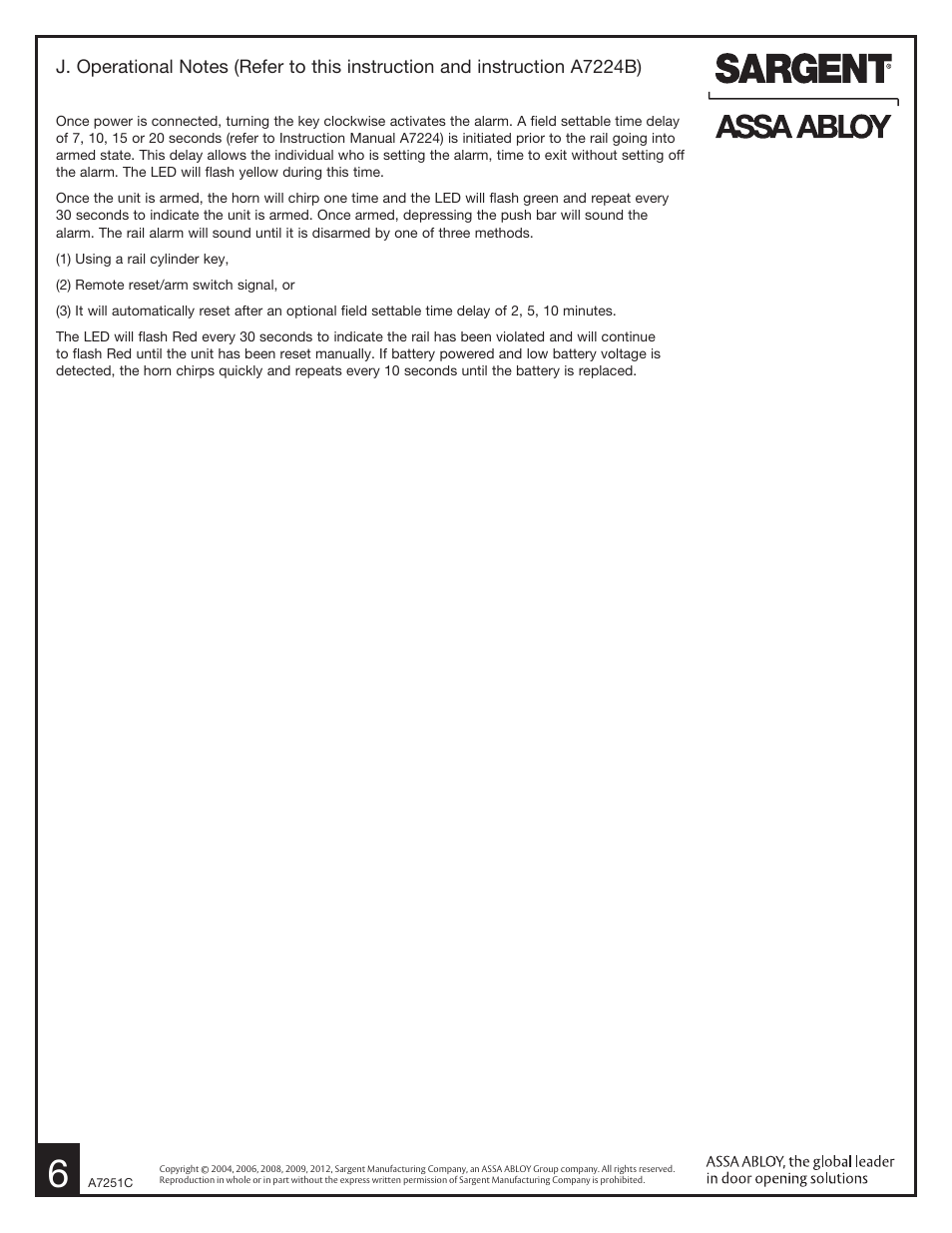 SARGENT AL - Alarmed Exit User Manual | Page 6 / 6